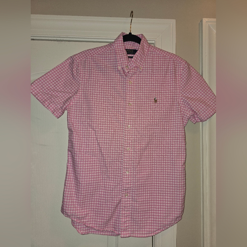 Ralph Lauren Pink Gingham Short-Sleeve Button-Down Shirt, sz S